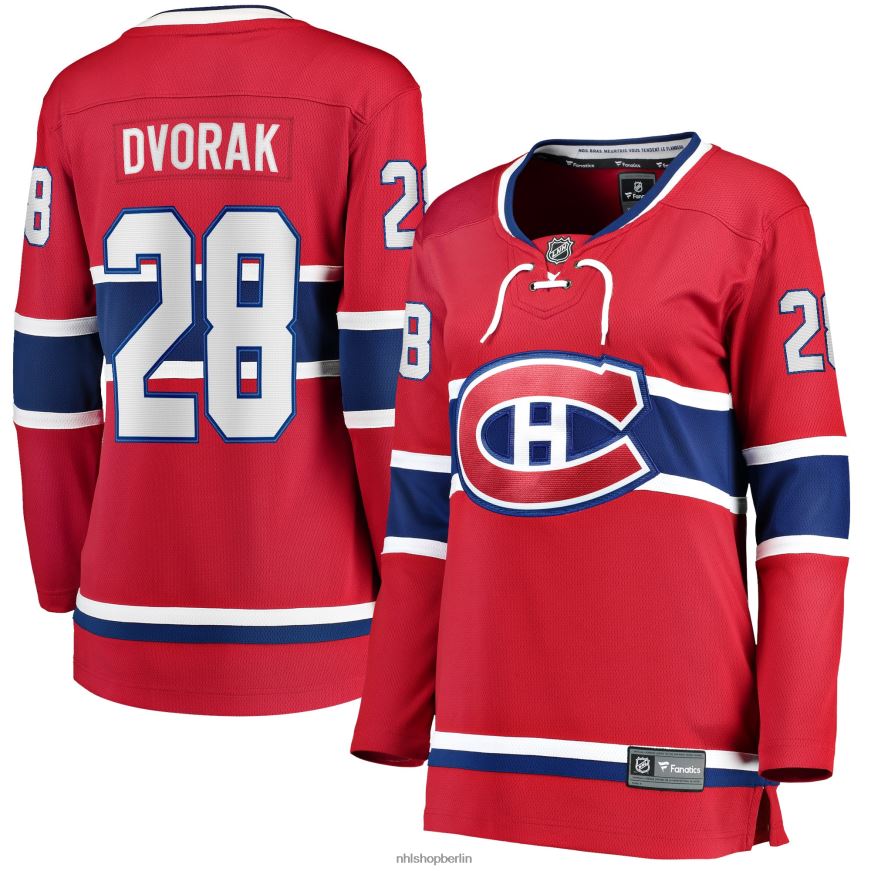 Frauen NHL Rotes Heim-Ausreißertrikot der Montreal Canadiens mit Fanatics-Logo von Christian Dvorak Kleidung BF680T2229