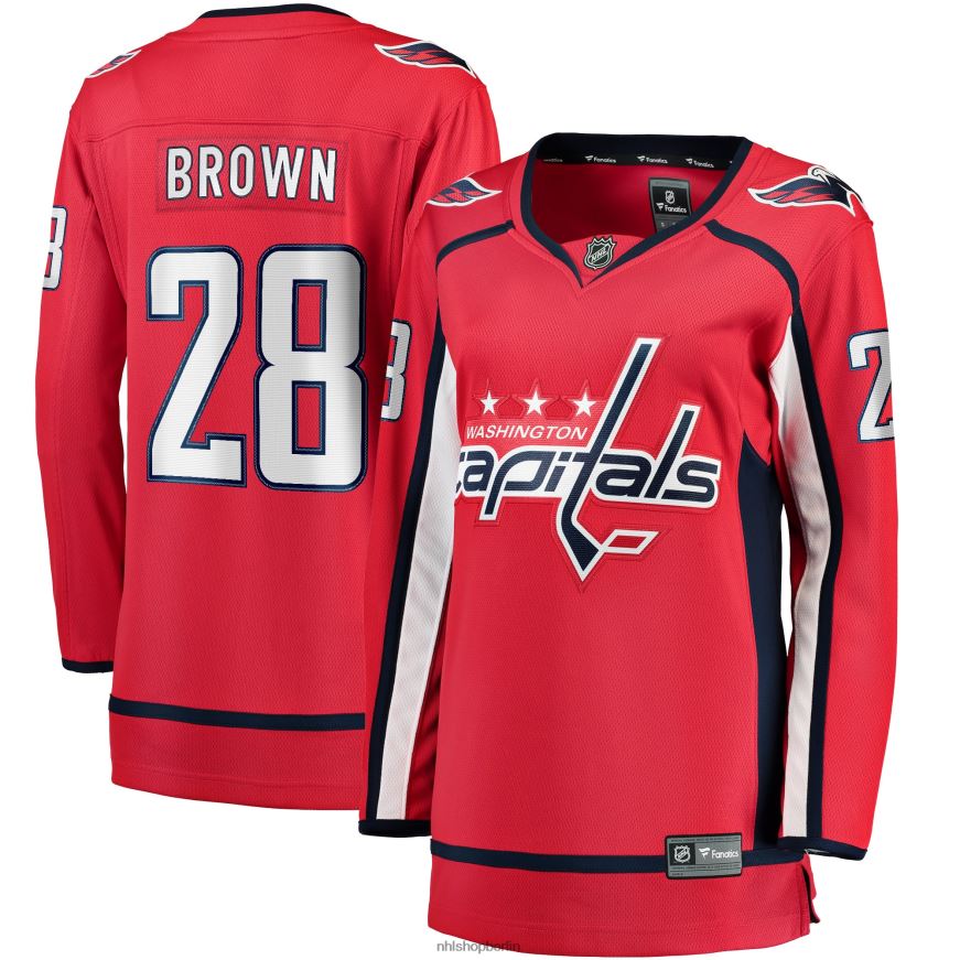 Frauen NHL Rotes Heim-Ausreißertrikot der Washington Capitals mit Fanatics-Logo von Connor Brown Kleidung BF680T2406