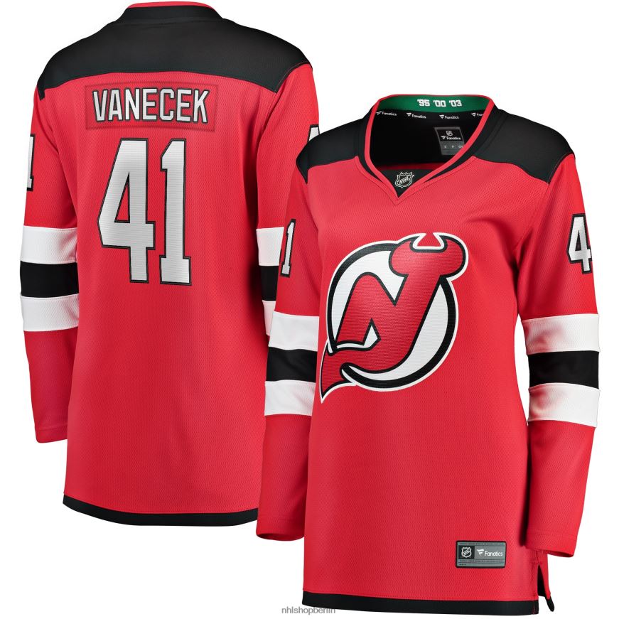 Frauen NHL Rotes Home-Breakaway-Spielertrikot der New Jersey Devils mit Vitek Vanecek-Fanatiker-Logo Kleidung BF680T671