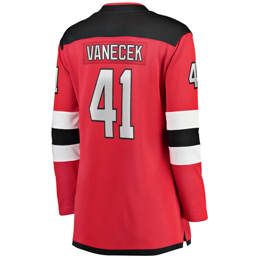 Frauen NHL Rotes Home-Breakaway-Spielertrikot der New Jersey Devils mit Vitek Vanecek-Fanatiker-Logo Kleidung BF680T671