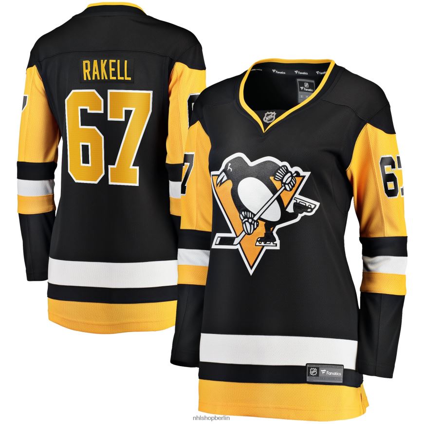 Frauen NHL Schwarzes Heim-Ausreißer-Spielertrikot der Pittsburgh Penguins mit Rickard-Rakel-Fanatiker-Logo Kleidung BF680T1457