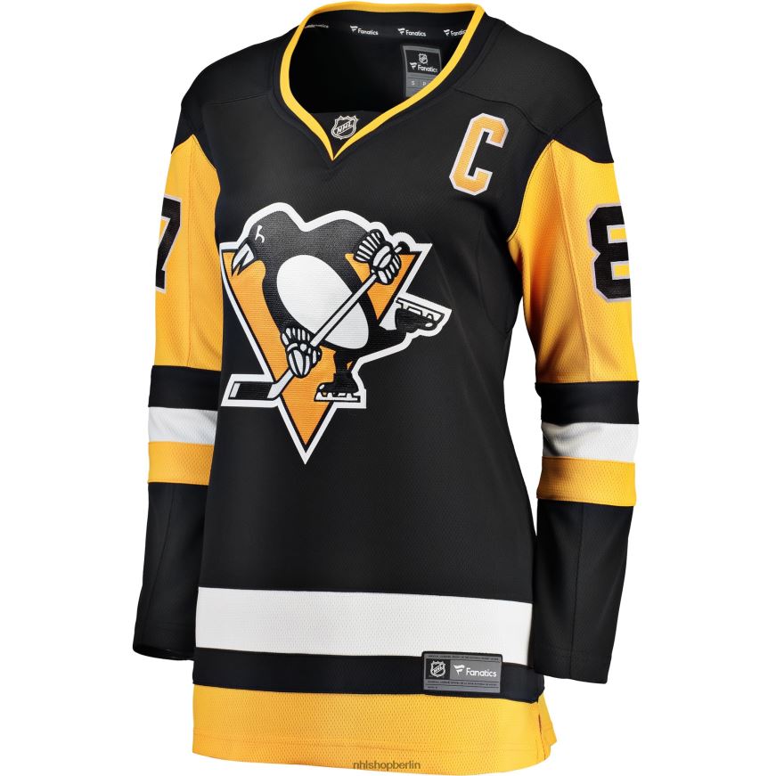 Frauen NHL Schwarzes Heim-Ausreißer-Spielertrikot der Pittsburgh Penguins mit Sidney-Crosby-Fanatiker-Logo Kleidung BF680T182