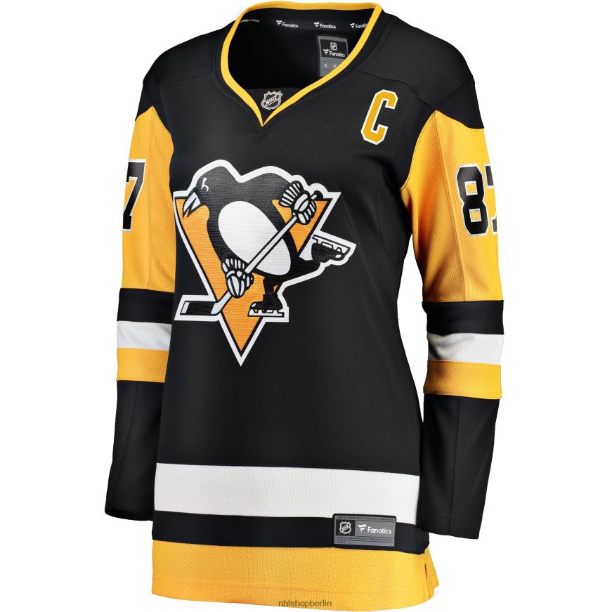 Frauen NHL Schwarzes Heim-Ausreißtrikot der Pittsburgh Penguins mit Sidney Crosby Fanatics-Logo und Captain-Patch Kleidung BF680T971