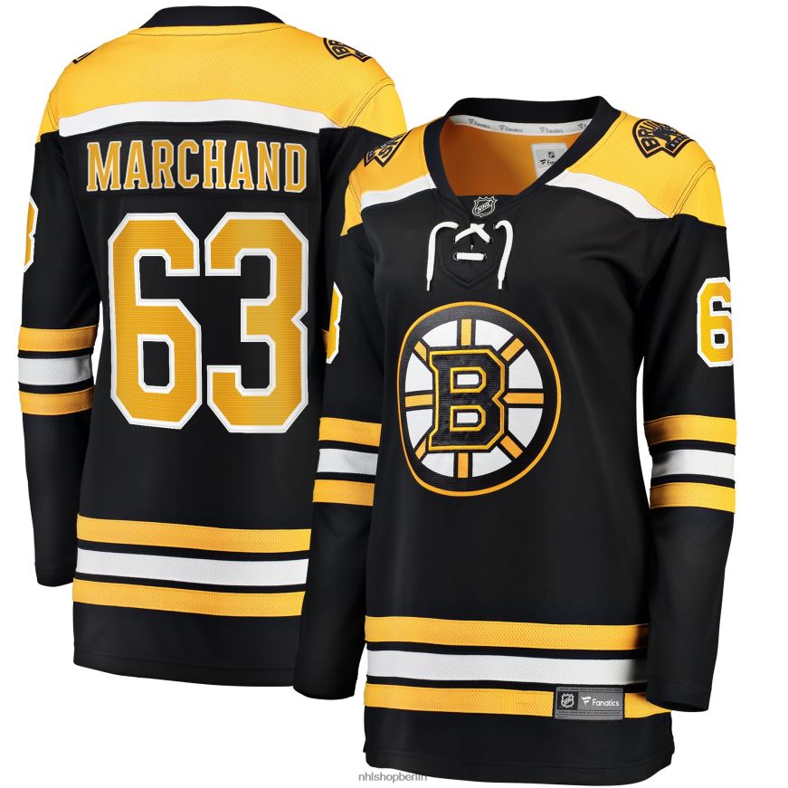 Frauen NHL Schwarzes Heim-Breakaway-Trikot der Boston Bruins mit Brad Marchand Fanatics-Logo Kleidung BF680T139