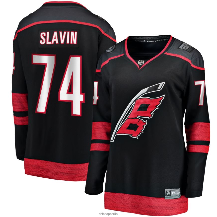 Frauen NHL Schwarzes Heimtrikot der Breakaway-Spieler der Carolina Hurricanes mit Jacob Slavin Fanatics-Logo Kleidung BF680T796