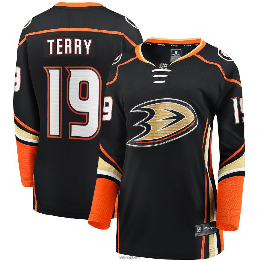 Frauen NHL Schwarzes Trikot der abtrünnigen Heimmannschaft der Anaheim Ducks mit Troy-Terry-Fanatiker-Logo Kleidung BF680T1812