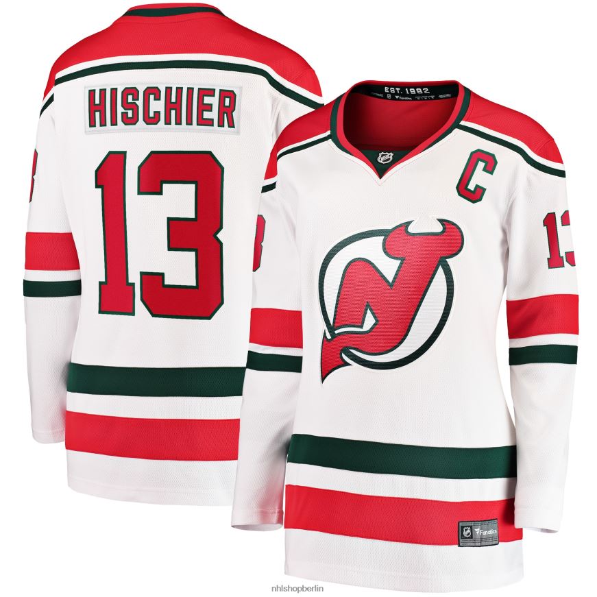 Frauen NHL Weißes 2022/23 Heritage Premier Breakaway-Trikot der New Jersey Devils mit Fanatics-Logo von Nico Hischier Kleidung BF680T939