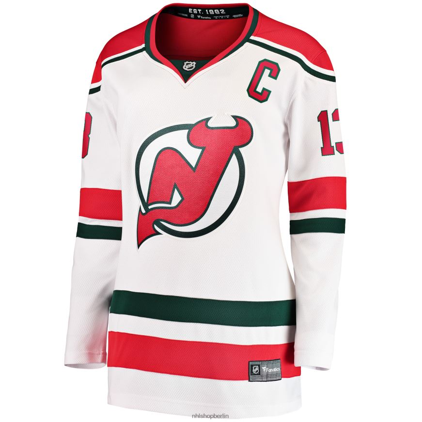 Frauen NHL Weißes 2022/23 Heritage Premier Breakaway-Trikot der New Jersey Devils mit Fanatics-Logo von Nico Hischier Kleidung BF680T939