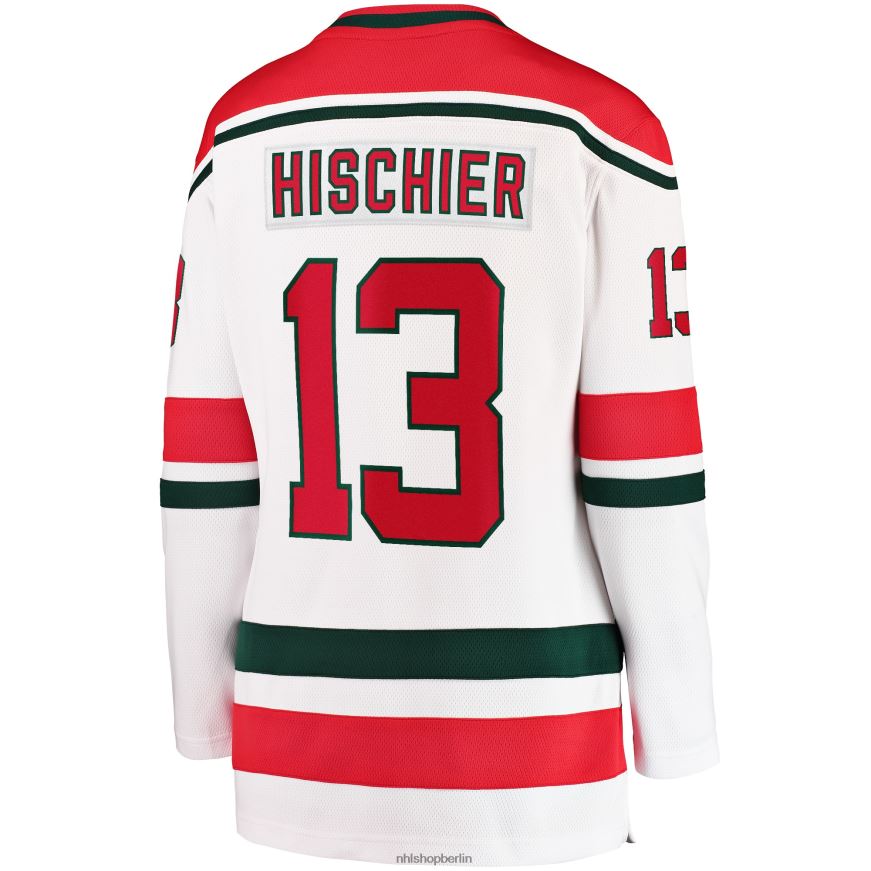 Frauen NHL Weißes 2022/23 Heritage Premier Breakaway-Trikot der New Jersey Devils mit Fanatics-Logo von Nico Hischier Kleidung BF680T939