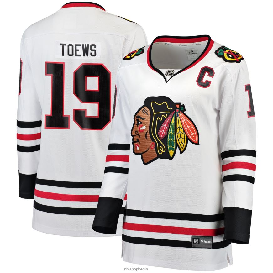 Frauen NHL Weißes Breakaway-Spielertrikot der Chicago Blackhawks mit Jonathan Toews Fanatics-Logo Kleidung BF680T829