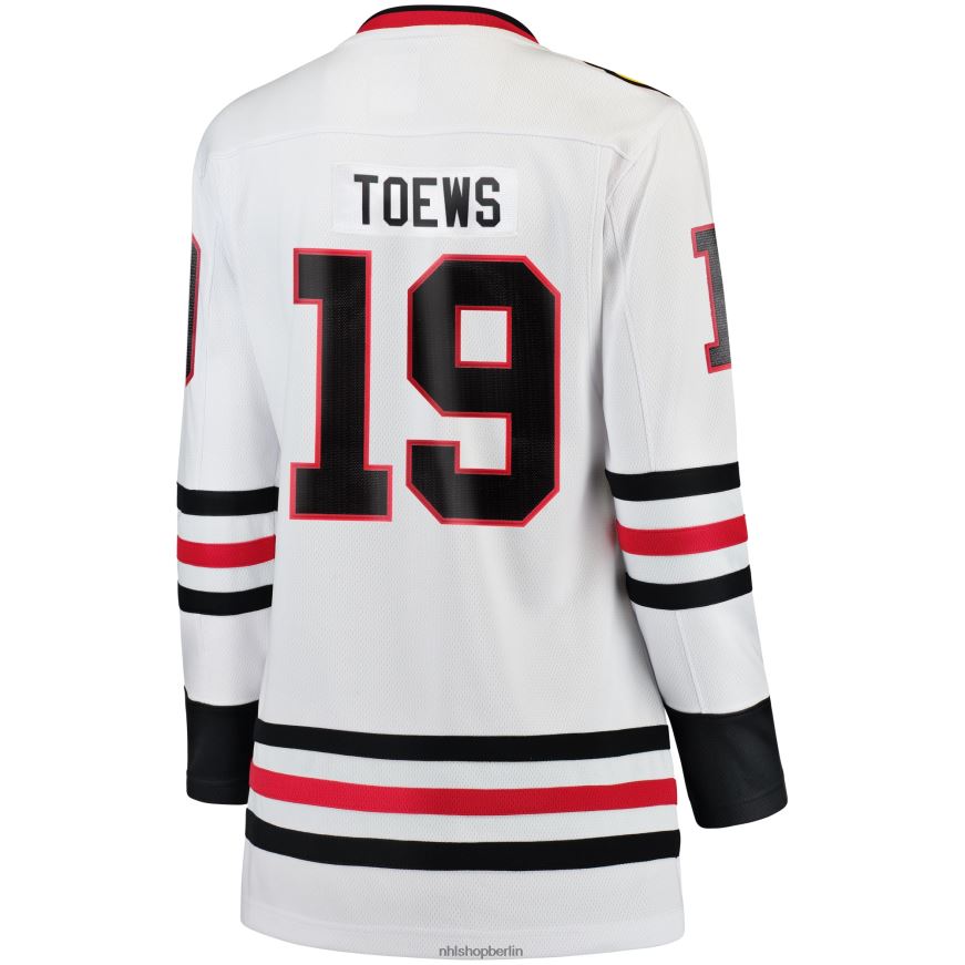 Frauen NHL Weißes Breakaway-Spielertrikot der Chicago Blackhawks mit Jonathan Toews Fanatics-Logo Kleidung BF680T829