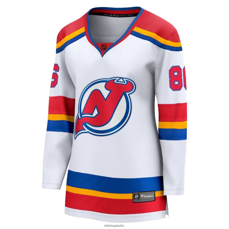 Frauen NHL Weißes Special Edition 20 Breakaway-Spielertrikot der New Jersey Devils mit Fanatics-Logo von Jack Hughes Kleidung BF680T633