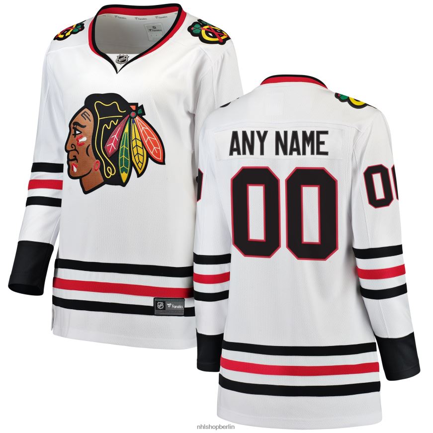 Frauen NHL Weißes individuelles Auswärtstrikot der Chicago Blackhawks mit Fanatics-Logo Kleidung BF680T931