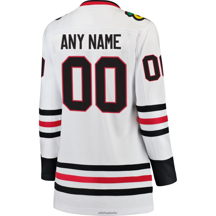 Frauen NHL Weißes individuelles Auswärtstrikot der Chicago Blackhawks mit Fanatics-Logo Kleidung BF680T931