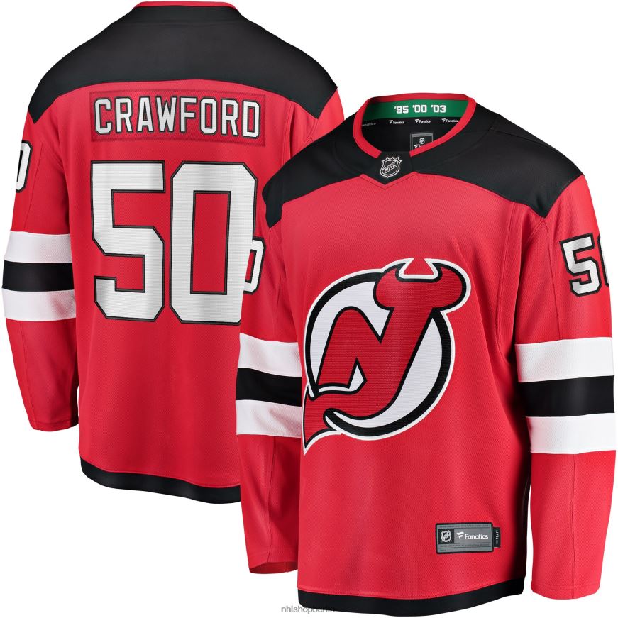 Jugend NHL Rotes Breakaway-Spielertrikot der New Jersey Devils von Corey Crawford mit Fanatics-Logo Kleidung BF680T2047