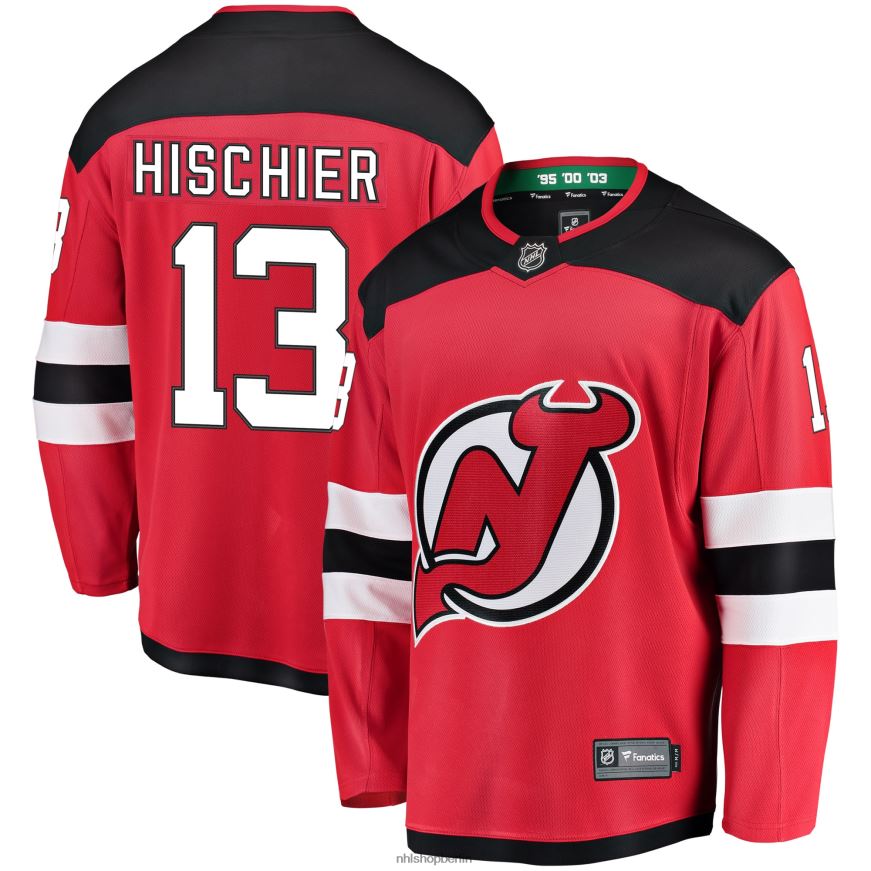 Jugend NHL Rotes Home-Breakaway-Spielertrikot der New Jersey Devils mit Fanatics-Logo von Nico Hischier Kleidung BF680T461