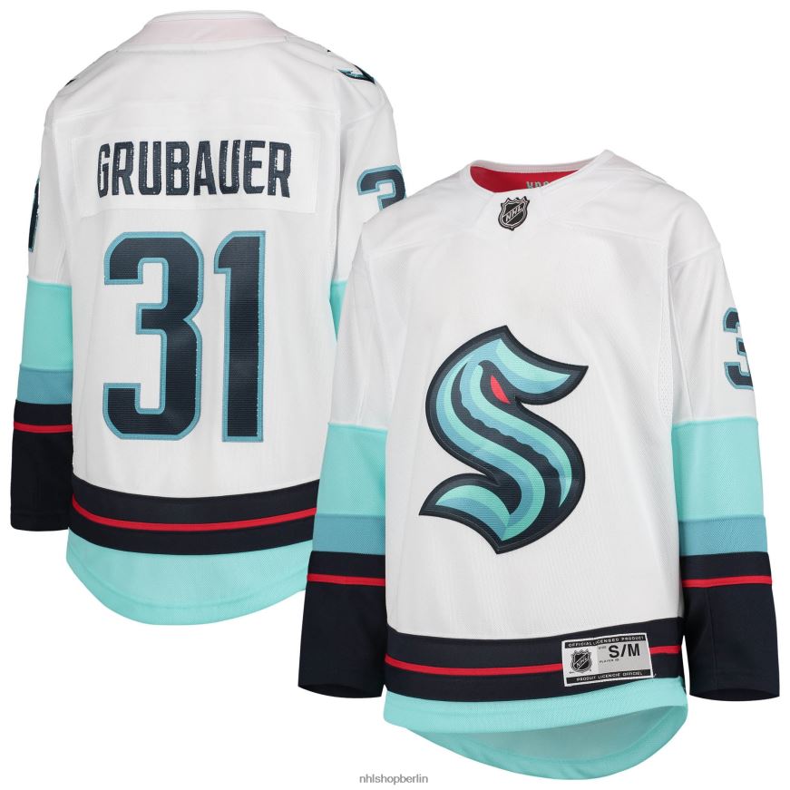 Jugend NHL Weißes Premier-Spieler-Auswärtstrikot von Seattle Kraken Philipp Grubauer Kleidung BF680T689