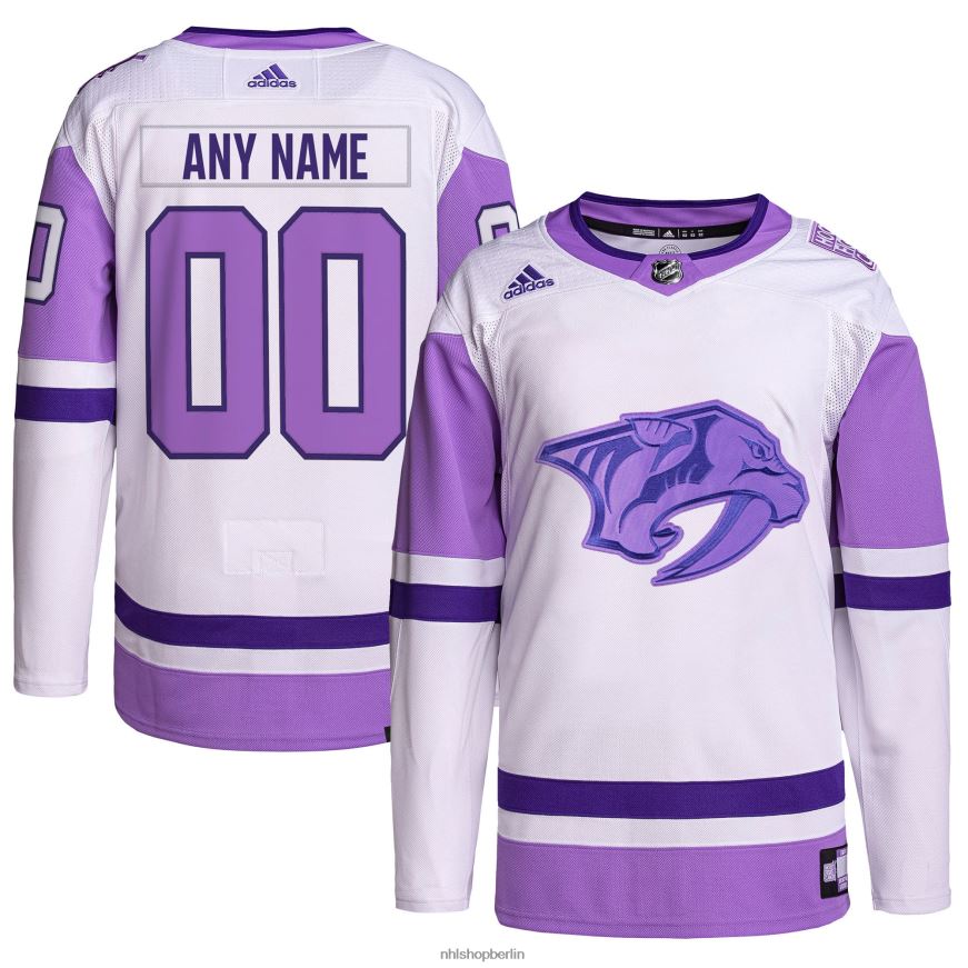 Männer NHL Authentisches individuelles Trikot der Nashville Predators adidas in Weiß/Lila Hockey Fights Cancer Primegreen Kleidung BF680T2444