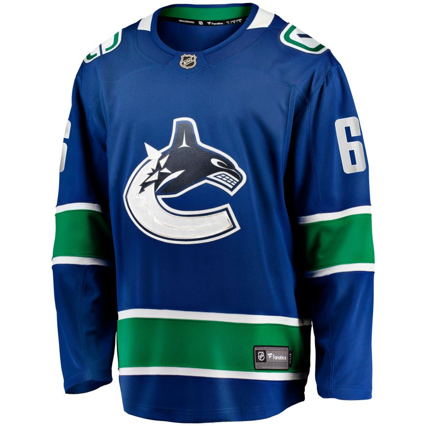 Männer NHL Blaues Breakaway-Heimtrikot der Vancouver Canucks mit Brock Boeser Fanatics-Logo Kleidung BF680T1294