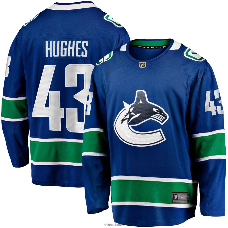 Männer NHL Blaues Breakaway-Heimtrikot der Vancouver Canucks mit Quinn Hughes Fanatics-Logo Kleidung BF680T1746