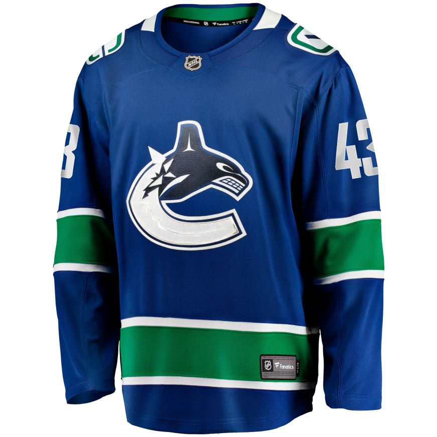 Männer NHL Blaues Breakaway-Heimtrikot der Vancouver Canucks mit Quinn Hughes Fanatics-Logo Kleidung BF680T1746