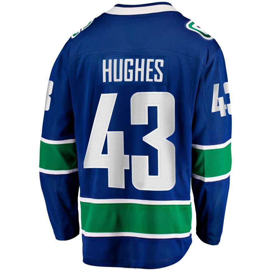 Männer NHL Blaues Breakaway-Heimtrikot der Vancouver Canucks mit Quinn Hughes Fanatics-Logo Kleidung BF680T1746