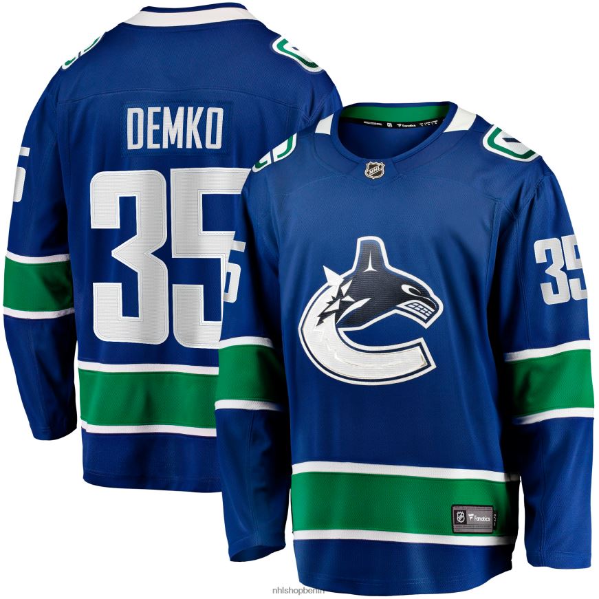 Männer NHL Blaues Breakaway-Heimtrikot der Vancouver Canucks mit Thatcher-Demko-Fanatiker-Logo Kleidung BF680T1862