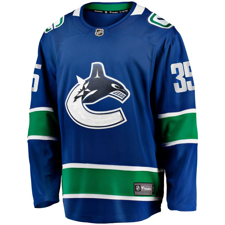 Männer NHL Blaues Breakaway-Heimtrikot der Vancouver Canucks mit Thatcher-Demko-Fanatiker-Logo Kleidung BF680T1862