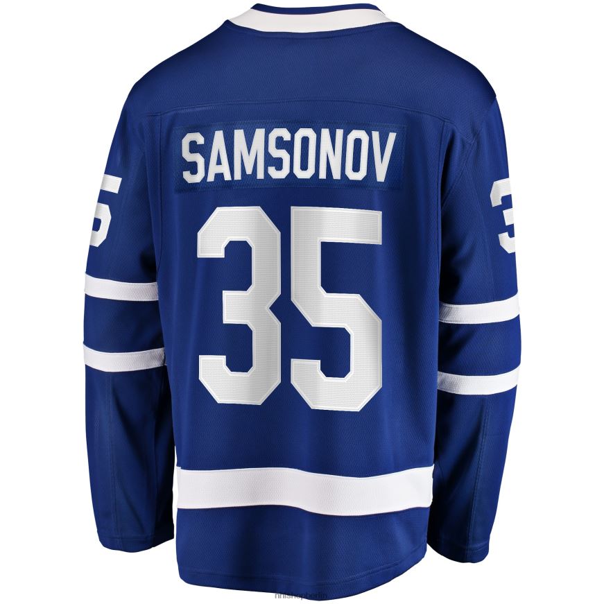 Männer NHL Blaues Heim-Ausreißer-Spielertrikot der Toronto Maple Leafs mit Ilya Samsonov Fanatics-Logo Kleidung BF680T1376