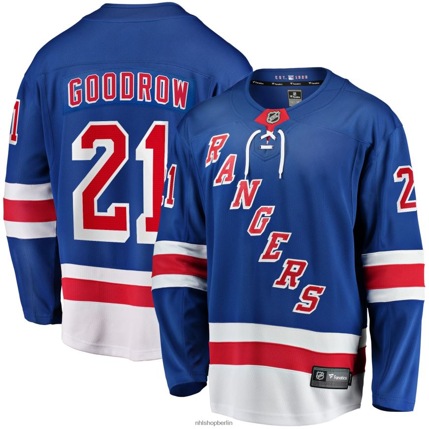 Männer NHL Blaues Heim-Ausreißertrikot der New York Rangers mit Barclay Goodrow Fanatics-Logo Kleidung BF680T1610