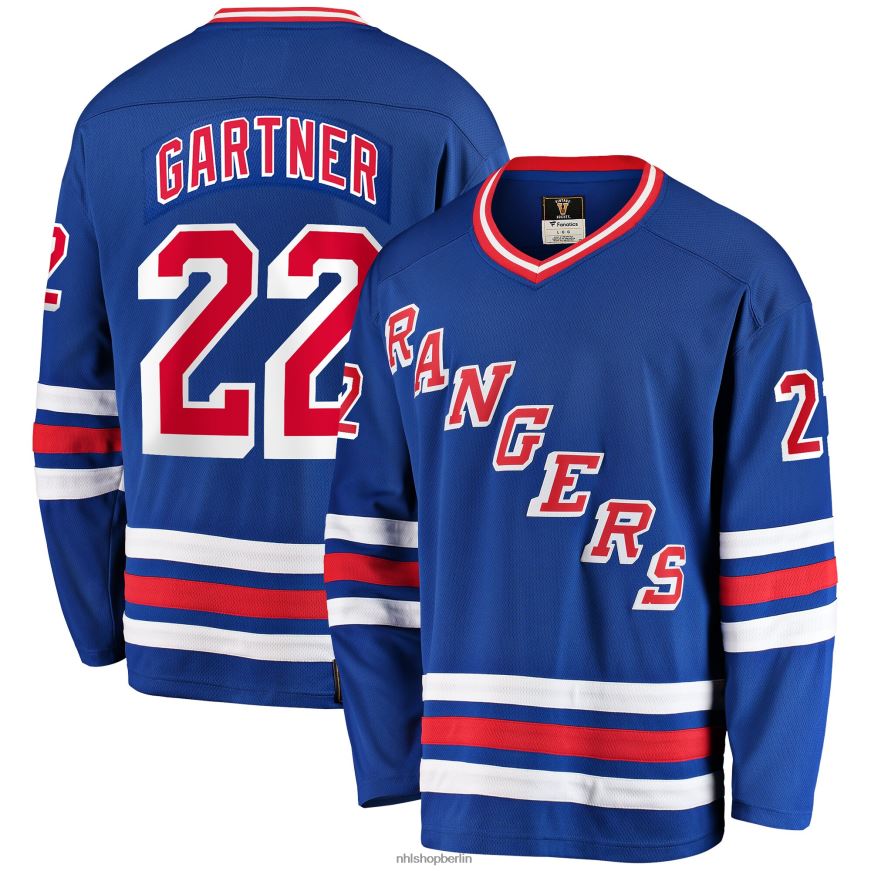 Männer NHL Blaues Premier Breakaway-Spielertrikot der New York Rangers mit Fanatiker-Logo von Mike Gartner Kleidung BF680T1594