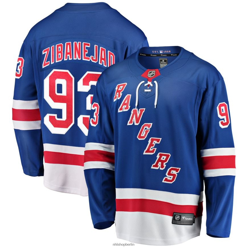 Männer NHL Blaues Premier-Breakaway-Spielertrikot der New York Rangers mit Mika-Zibanejad-Fanatiker-Logo Kleidung BF680T88