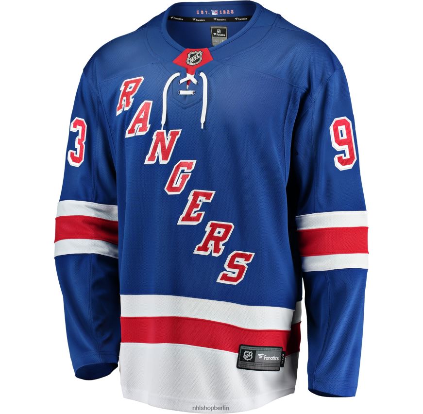 Männer NHL Blaues Premier-Breakaway-Spielertrikot der New York Rangers mit Mika-Zibanejad-Fanatiker-Logo Kleidung BF680T88