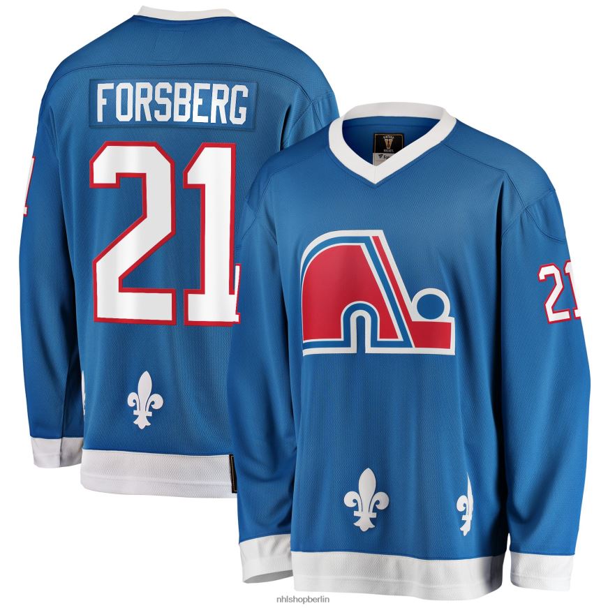 Männer NHL Blaues Premier Breakaway-Spielertrikot der Quebec Nordics mit Fanatiker-Logo von Peter Forsberg Kleidung BF680T313