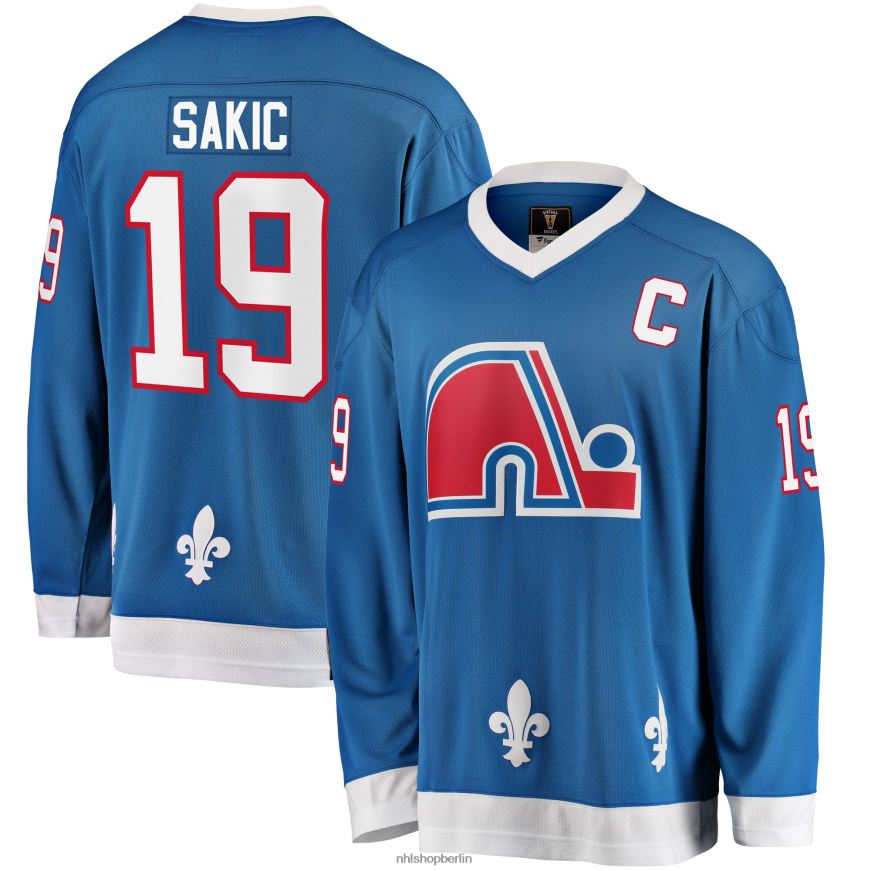 Männer NHL Blaues Premier-Breakaway-Trikot für ausgeschiedene Spieler der Quebec Nordiques mit Joe Sakic Fanatics-Logo Kleidung BF680T292