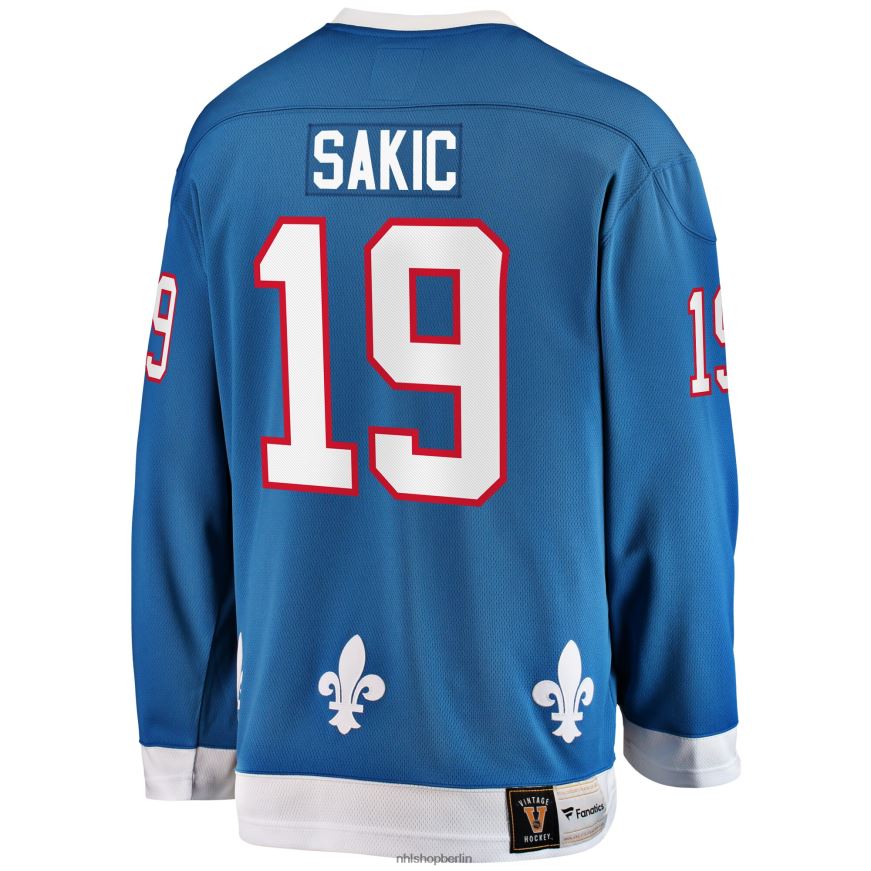 Männer NHL Blaues Premier-Breakaway-Trikot für ausgeschiedene Spieler der Quebec Nordiques mit Joe Sakic Fanatics-Logo Kleidung BF680T292