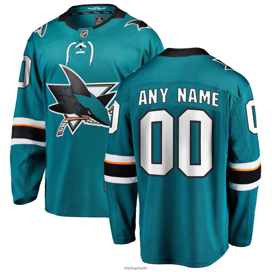 Männer NHL Blaugrünes 2021/22 Home Breakaway-Trikot der San Jose Sharks Fanatics nach Maß Kleidung BF680T490