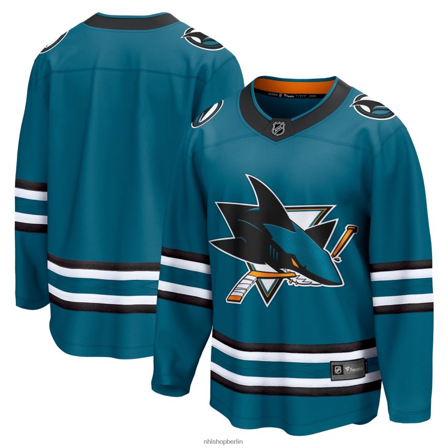 Männer NHL Blaugrünes Breakaway-Heimtrikot der San Jose Sharks mit Fanatics-Logo Kleidung BF680T2375