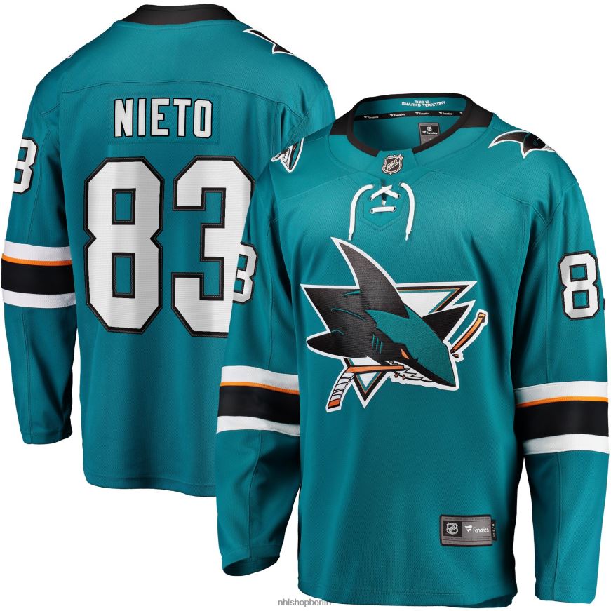 Männer NHL Blaugrünes Breakaway-Spielertrikot der San Jose Sharks Matt Nieto mit Fanatics-Logo Kleidung BF680T1860