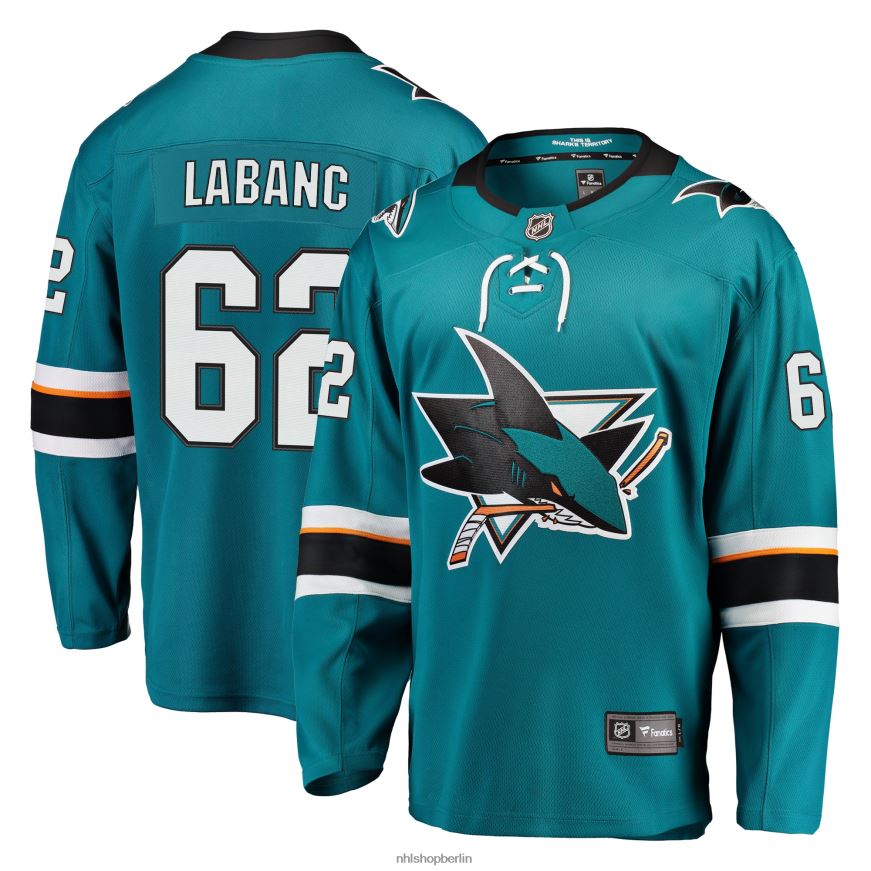 Männer NHL Blaugrünes Breakaway-Trikot der San Jose Sharks mit Kevin Labanc Fanatics-Logo Kleidung BF680T2373