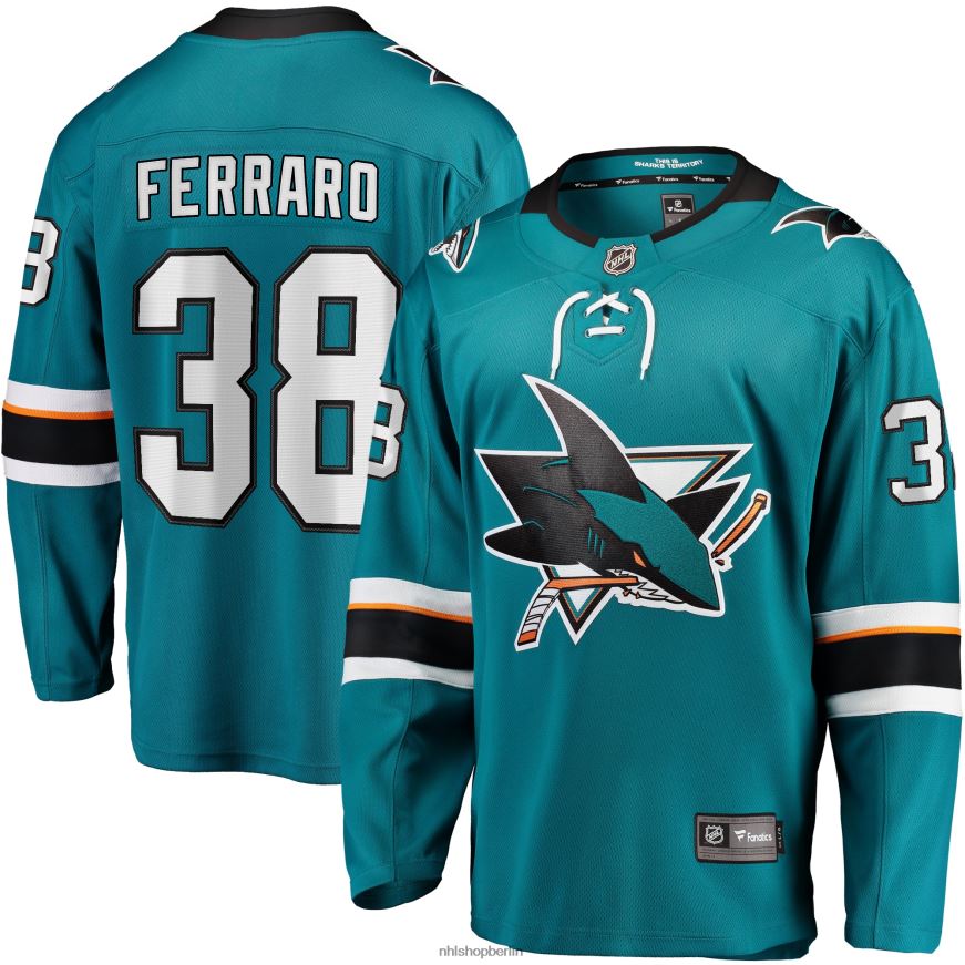 Männer NHL Blaugrünes Replica-Spielertrikot der San Jose Sharks mit Mario Ferraro Fanatics-Logo Kleidung BF680T1863