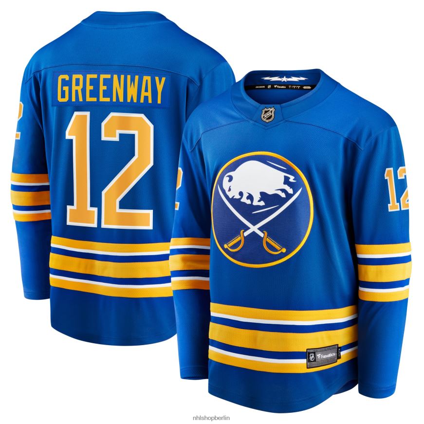 Männer NHL Buffalo Sabres Jordan Greenway Fanatics Royal Home Breakaway-Trikot mit Branding Kleidung BF680T1221