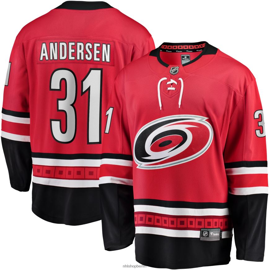 Männer NHL Carolina Hurricanes Frederik Andersen Fanatics-gebrandetes rotes Home-Breakaway-Spielertrikot Kleidung BF680T1181