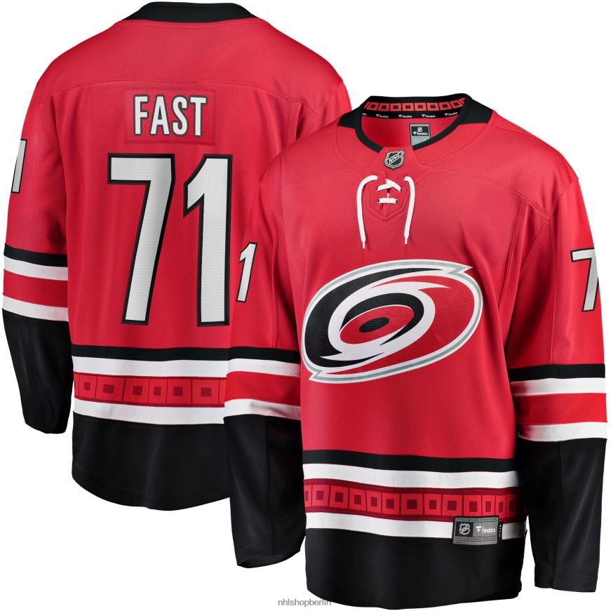 Männer NHL Carolina Hurricanes Jesper Fast Fanatics-gebrandetes rotes Breakaway-Heimtrikot Kleidung BF680T1871