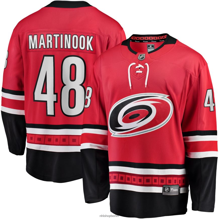 Männer NHL Carolina Hurricanes Jordan Martinook Fanatics-gebrandetes rotes Home-Breakaway-Spielertrikot Kleidung BF680T1354