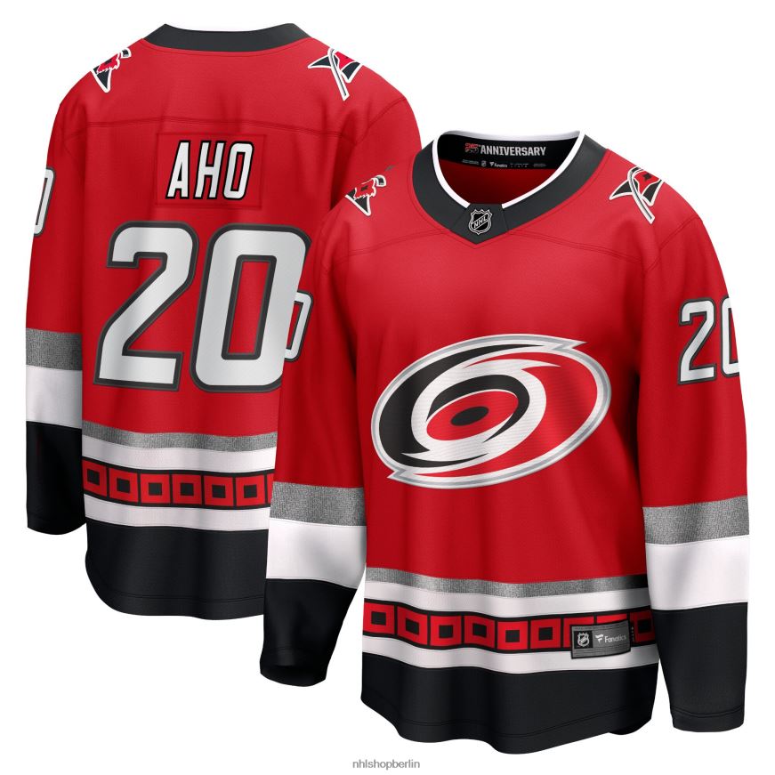 Männer NHL Carolina Hurricanes Sebastian Aho Fanatics gebrandetes rotes Premier Breakaway-Spielertrikot zum 25-jährigen Jubiläum Kleidung BF680T1066