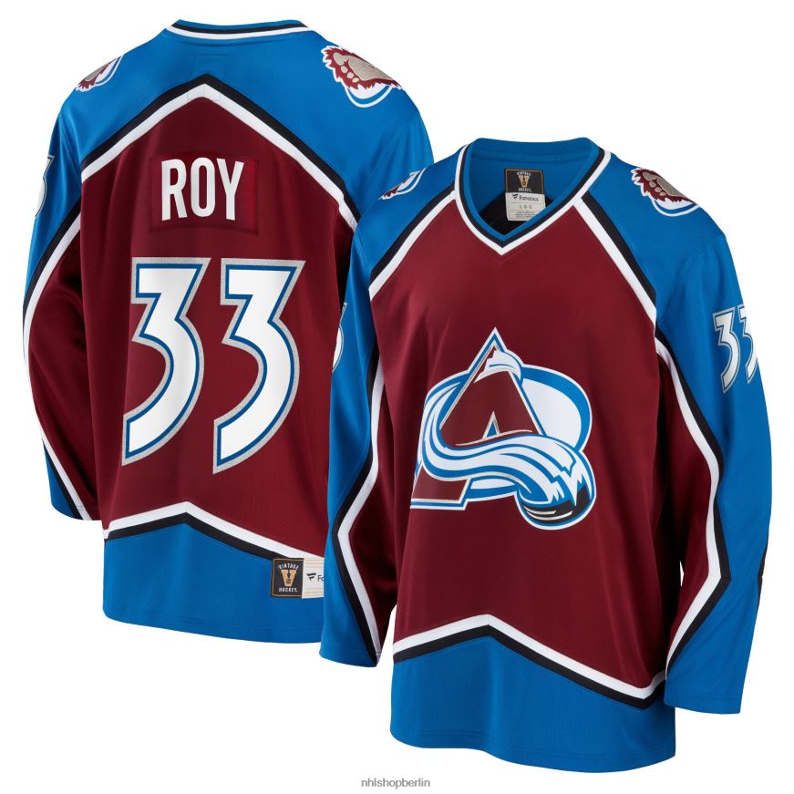 Männer NHL Colorado Avalanche Patrick Roy Fanatics gebrandetes burgunderrotes Breakaway-Spielertrikot im Ruhestand Kleidung BF680T165