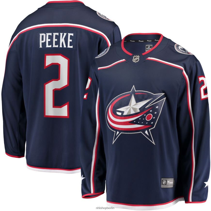 Männer NHL Columbia Blue Jackets Marineblaues Home-Breakaway-Spielertrikot mit Fanatics-Logo von Andrew Peeke Kleidung BF680T1355