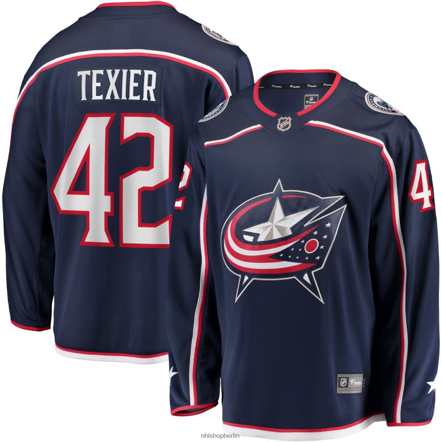 Männer NHL Columbus Blue Jacken Marineblaues Heim-Ausreißer-Spielertrikot mit Fanatics-Logo von Alexandre Texier Kleidung BF680T2306