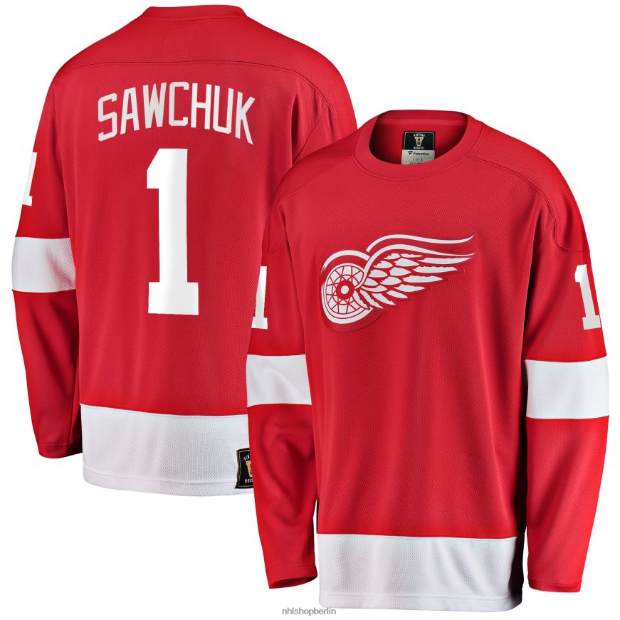 Männer NHL Detroit Red Wings Terry Sawchuk Fanatics gebrandetes rotes Premier Breakaway-Spielertrikot im Ruhestand Kleidung BF680T1290